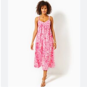 Lilly Pulitzer Azora Cotton Midi Dress Peony Pink Seaside Scene